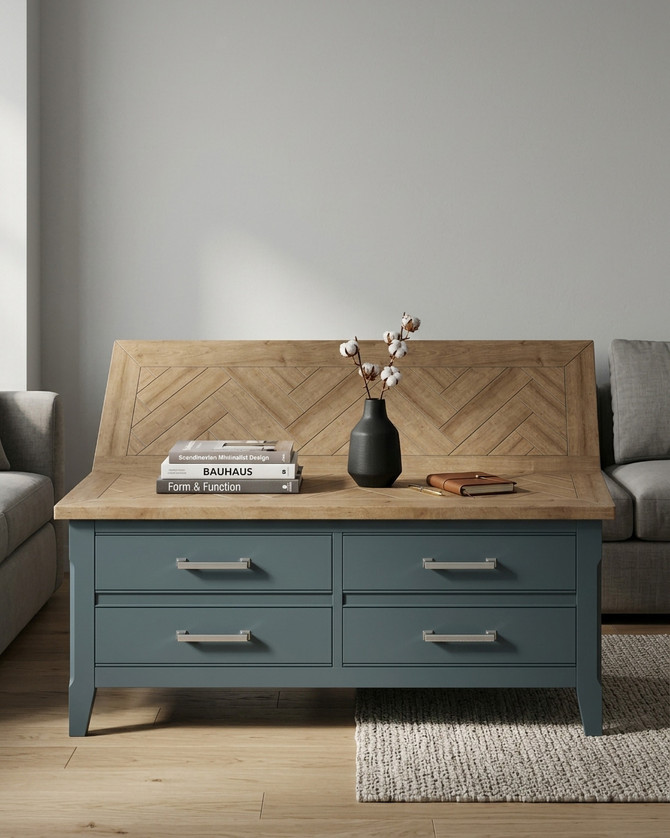 Anchorage Blue Coffee Table with Drawers & Storage WFS-BH-ANC08A, blue and wooden coffee table with four drawers and a top surface made of wood with a herringbone pattern.