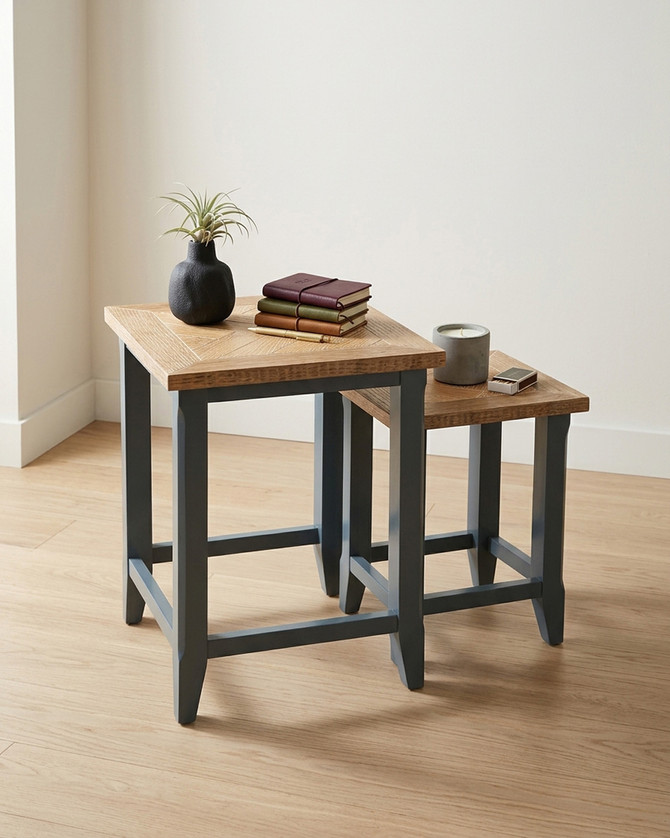 Anchorage Blue Nest of Two Tables WFS-BH-ANC08B, set of two small accent tables with wooden tops and blue painted legs suitable for living room or bedroom decor.