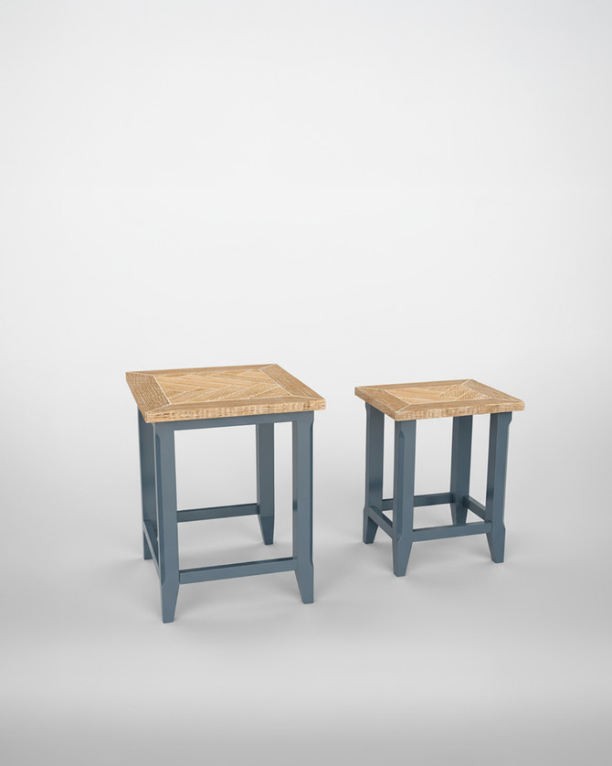 Anchorage Blue Nest of Two Tables WFS-BH-ANC08B, set of two small accent tables with wooden tops and blue painted legs suitable for living room or bedroom decor.