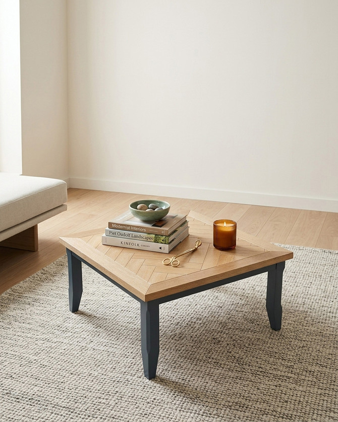 Anchorage Blue Square Open Coffee Table WFS-BH-ANC08C, a modern square coffee table with a wooden top and blue painted legs.