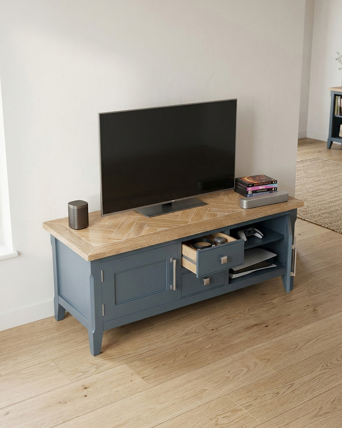 Anchorage Blue Widescreen Television Stand WFS-BH-ANC09A, a stylish media console with a blue finish and natural wood top design.