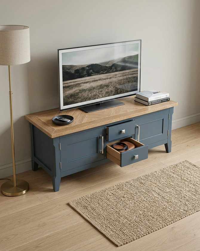 Anchorage Blue Widescreen Television Stand WFS-BH-ANC09A, a stylish media console with a blue finish and natural wood top design.