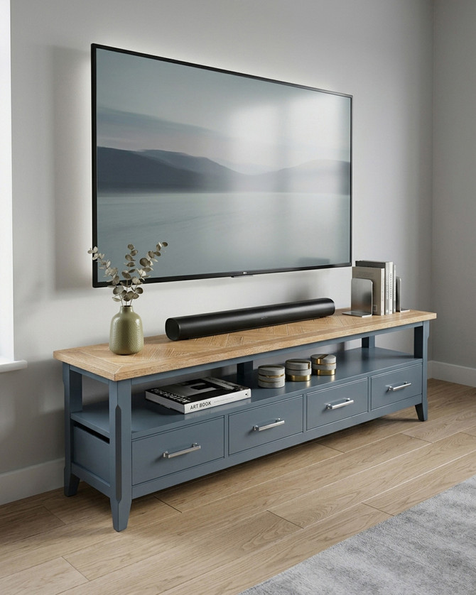 Anchorage Blue Large Widescreen Television Cabinet WFS-BH-ANC09B, stylish blue TV stand with a wooden top and multiple drawers.