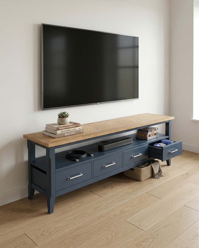 Anchorage Blue Large Widescreen Television Cabinet WFS-BH-ANC09B, stylish blue TV stand with a wooden top and multiple drawers.