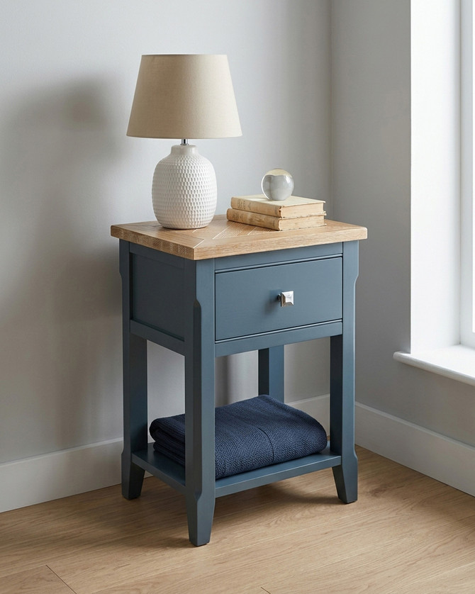 Anchorage Blue One Drawer Lamp Table WFS-BH-ANC10A, a blue wooden side table with a natural wood top, single drawer with a modern silver handle, and lower shelf for additional storage.