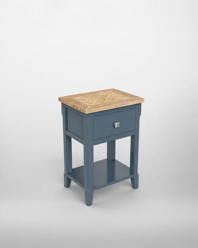 Anchorage Blue One Drawer Lamp Table WFS-BH-ANC10A, a blue wooden side table with a natural wood top, single drawer with a modern silver handle, and lower shelf for additional storage.
