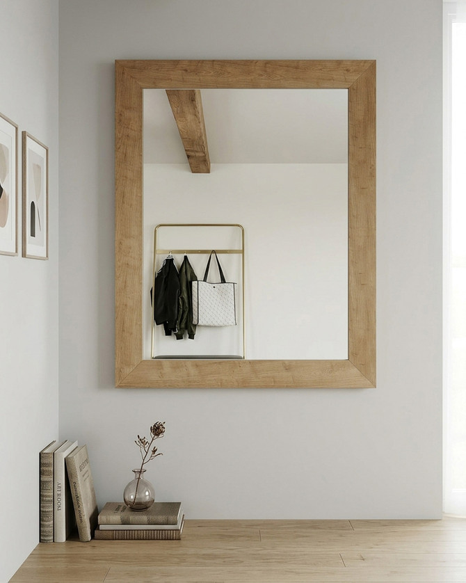Anchorage Blue Mirror WFS-BH-ANC16, wall-mounted rectangular mirror with a natural wood frame hanging landscape or portrait.