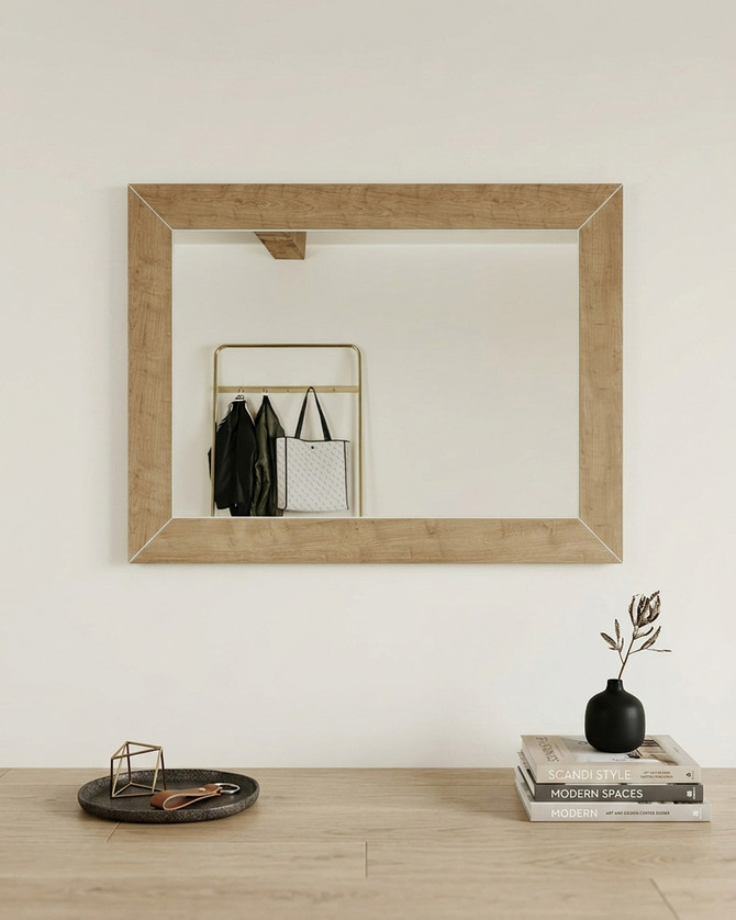Anchorage Blue Mirror WFS-BH-ANC16, wall-mounted rectangular mirror with a natural wood frame hanging landscape or portrait.