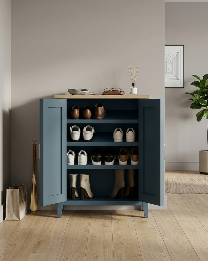 Anchorage Blue Shoe Storage Cupboard WFS-BH-ANC20A, blue shoe storage cabinet with wooden top and double doors.