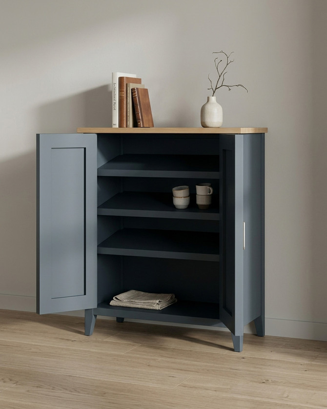 Anchorage Blue Shoe Storage Cupboard WFS-BH-ANC20A, blue shoe storage cabinet with wooden top and double doors.