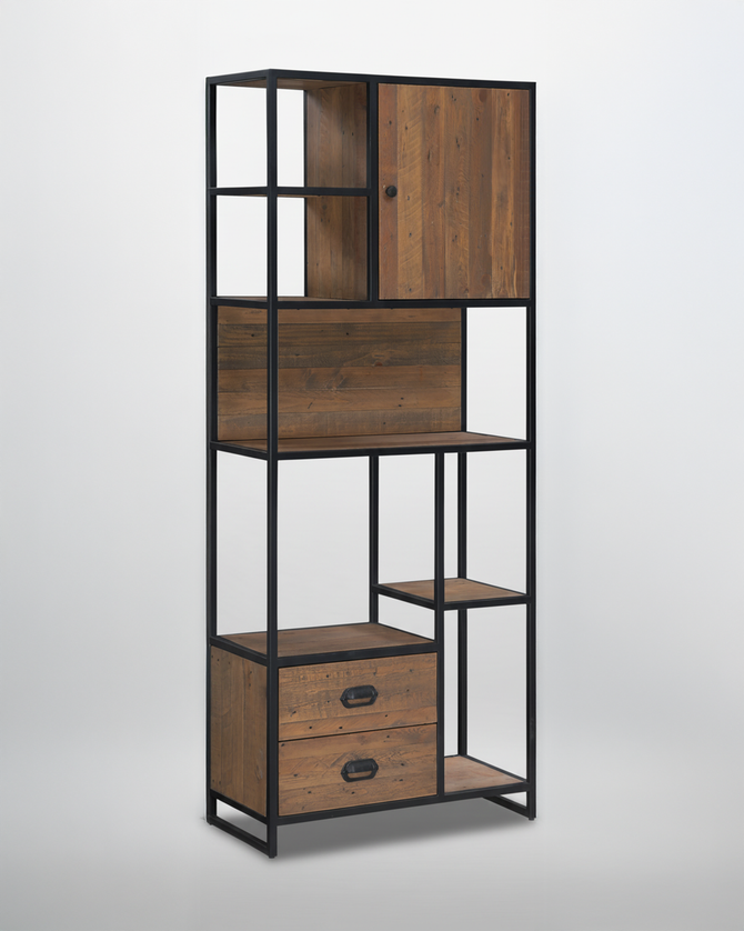 Hyloft Reclaimed Large Open Bookcase WFS-BH-HYL01A, black metal frame with wooden shelves and storage compartments.