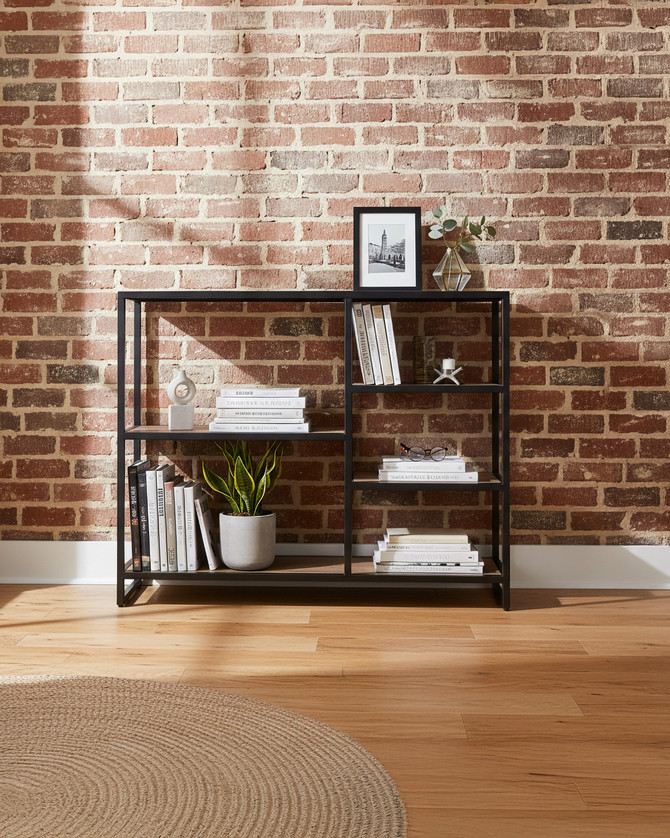 Hyloft Reclaimed Low Open Bookcase WFS-BH-HYL01C, modern wooden and metal bookcase with multiple open shelves for storage and display.