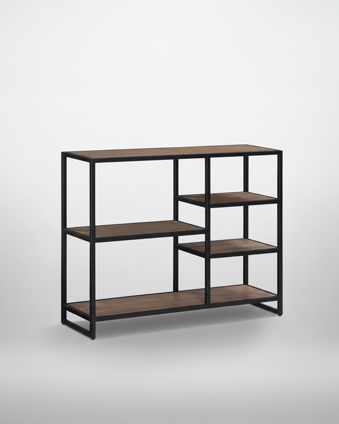 Hyloft Reclaimed Low Open Bookcase WFS-BH-HYL01C, modern wooden and metal bookcase with multiple open shelves for storage and display.