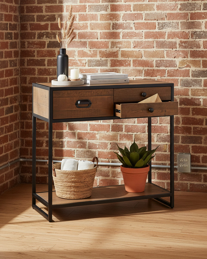 Hyloft Reclaimed Small Console Table WFS-BH-HYL02B, modern wood and metal console table with storage drawers and lower shelf with black metal frame.