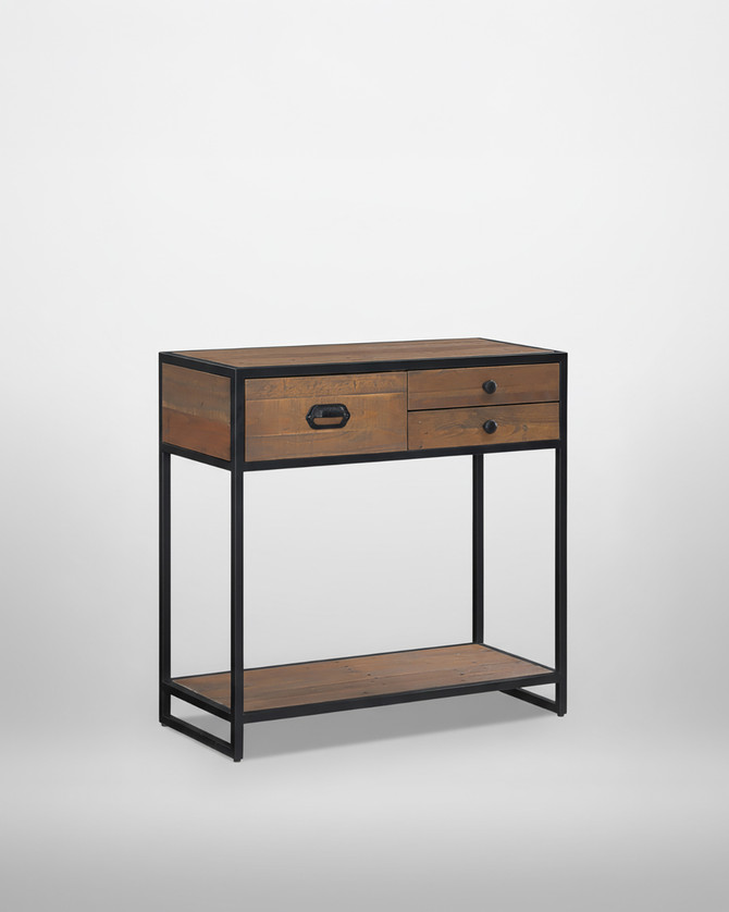 Hyloft Reclaimed Small Console Table WFS-BH-HYL02B, modern wood and metal console table with storage drawers and lower shelf with black metal frame.