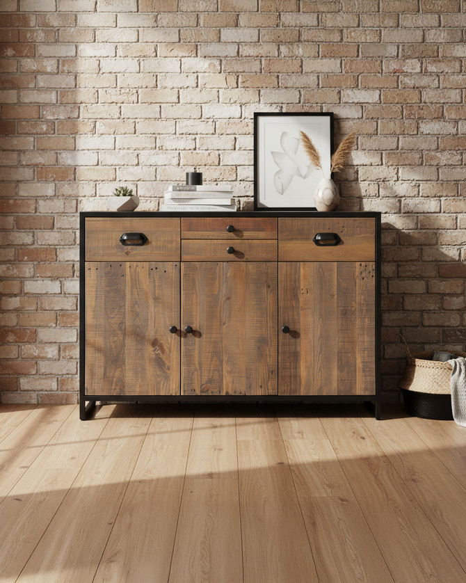 Hyloft Reclaimed Sideboard With 3 Doors & 4 Drawers WFS-BH-HYL02C, wooden sideboard with black metal frame and multiple storage compartments.