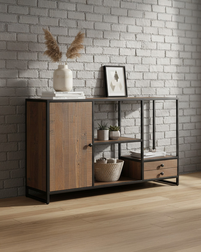 Hyloft Reclaimed Funky Open Console Table WFS-BH-HYL02D, modern multi-level wooden console table with black metal frame and two drawers for stylish storage.