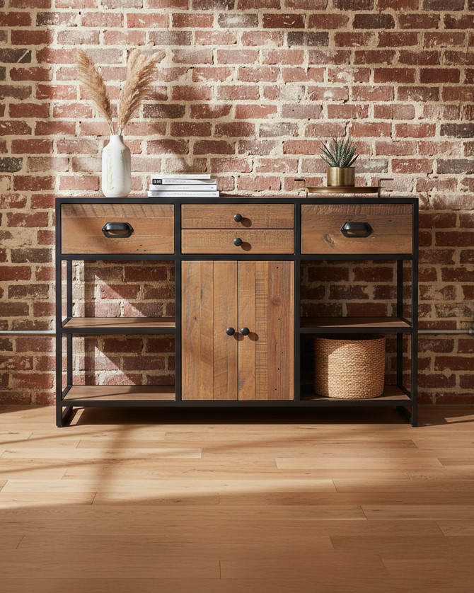 Hyloft Reclaimed Large Console Table With Doors WFS-BH-HYL02E, modern console table with a black metal frame and wooden drawers and shelves for stylish storage.