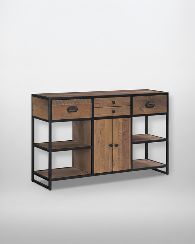 Hyloft Reclaimed Large Console Table With Doors WFS-BH-HYL02E, modern console table with a black metal frame and wooden drawers and shelves for stylish storage.