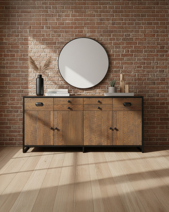 Hyloft Reclaimed Large Door / Drawer Sideboard WFS-BH-HYL02F, stylish wooden sideboard with black metal frame and multiple storage compartments.