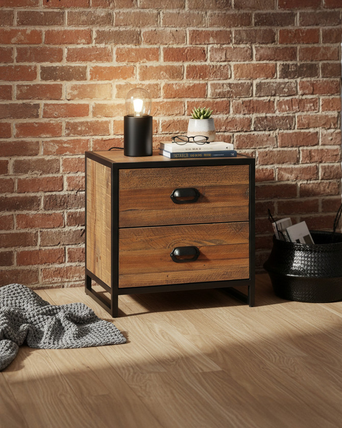 Hyloft Reclaimed Modular Low Chest of Drawers WFS-BH-HYL02M01, a two-drawer wooden storage unit with a black metal frame and handles, minimalist design.