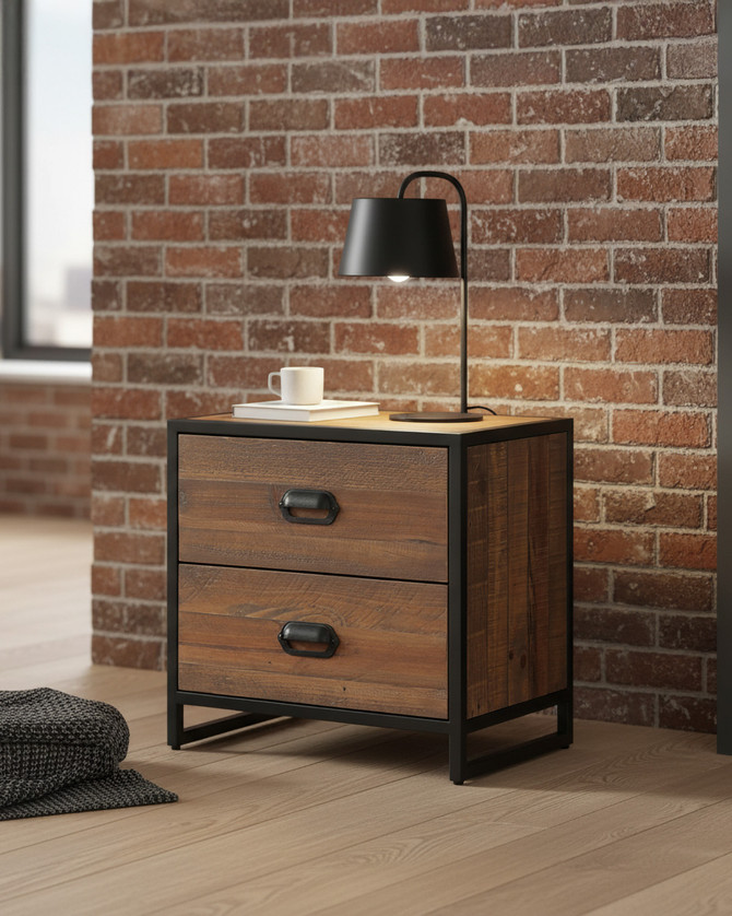 Hyloft Reclaimed Modular Low Chest of Drawers WFS-BH-HYL02M01, a two-drawer wooden storage unit with a black metal frame and handles, minimalist design.