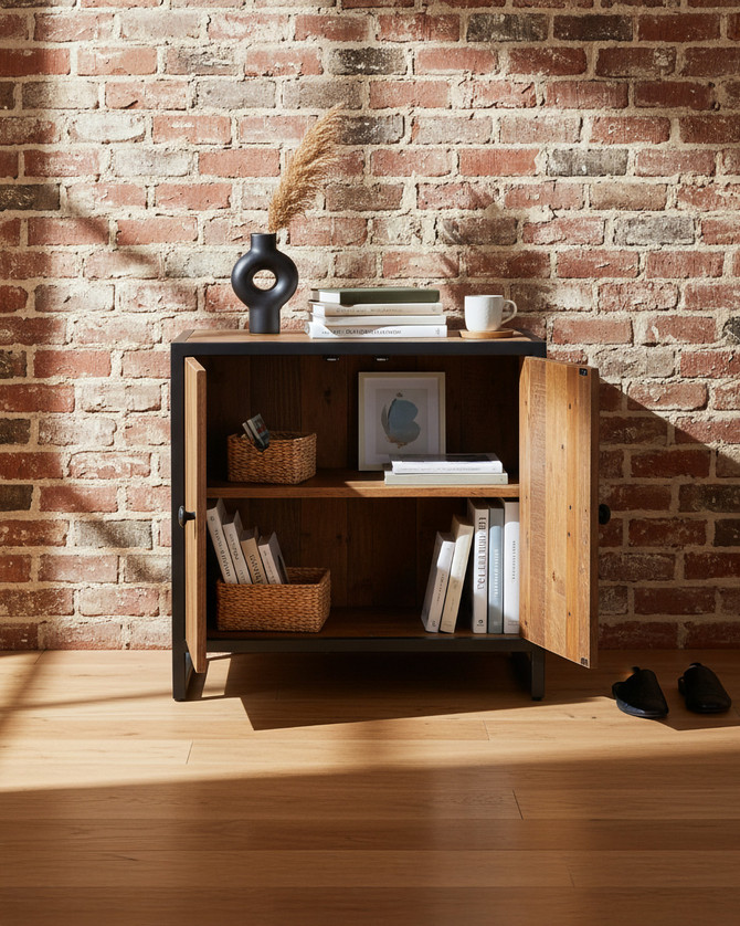 Hyloft Reclaimed Modular Low Cupboard WFS-BH-02M02, wooden cabinet with metal frame and two doors.