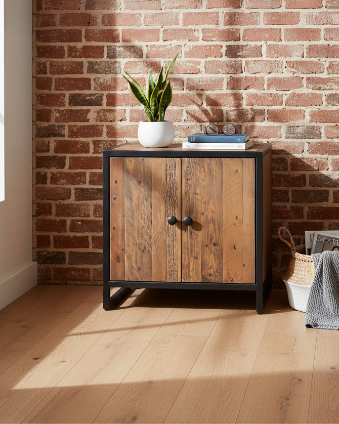 Hyloft Reclaimed Modular Low Cupboard WFS-BH-02M02, wooden cabinet with metal frame and two doors.