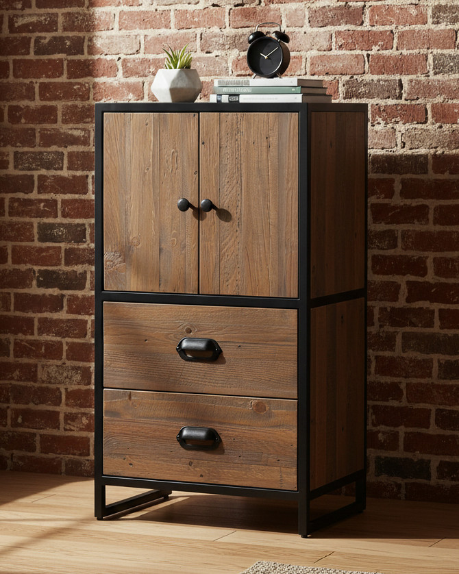 Hyloft Reclaimed Modular Medium Cupboard with Doors VBR02M03, a wooden storage unit with black metal frame and handles, featuring two doors on the top and two drawers at the bottom.