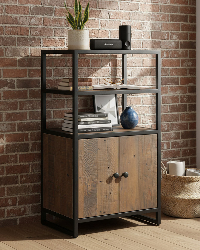 Hyloft Reclaimed Modular Medium Cupboard with Doors & Shelves WFS-BH-HYL02M04, black metal frame with wooden doors and open shelving space.