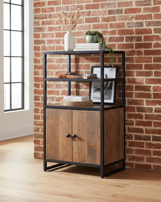 Hyloft Reclaimed Modular Medium Cupboard with Doors & Shelves WFS-BH-HYL02M04, black metal frame with wooden doors and open shelving space.