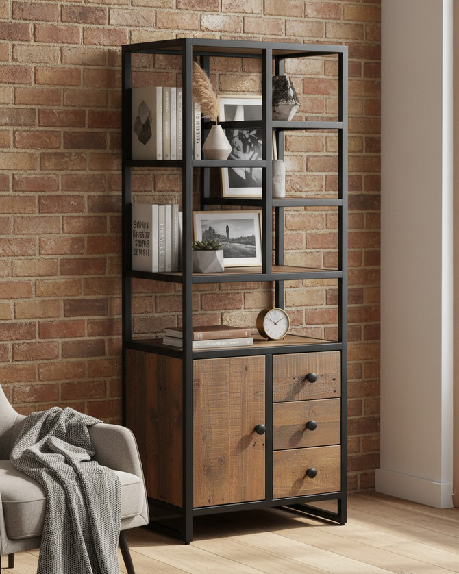 Hyloft Reclaimed Modular Tall Cupboard with doors, drawers, shelves WFS-BH-HYL02M05, black metal frame with wooden cabinet doors and drawers, modern storage furniture.