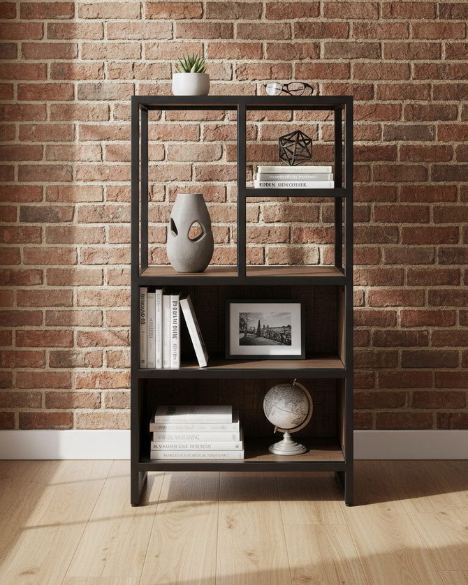 Hyloft Reclaimed Modular Tall Open Unit WFS-BH-HYL02M06, a modern furniture piece with a black metal frame, wooden shelves, and open compartments designed for versatile storage.
