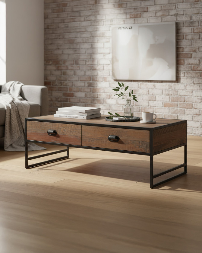 Hyloft Reclaimed Coffee Table With Four Drawers WFS-BH-HYL08C, modern coffee table with a wooden top, two drawers with black handles, and a black metal frame, minimalist design.