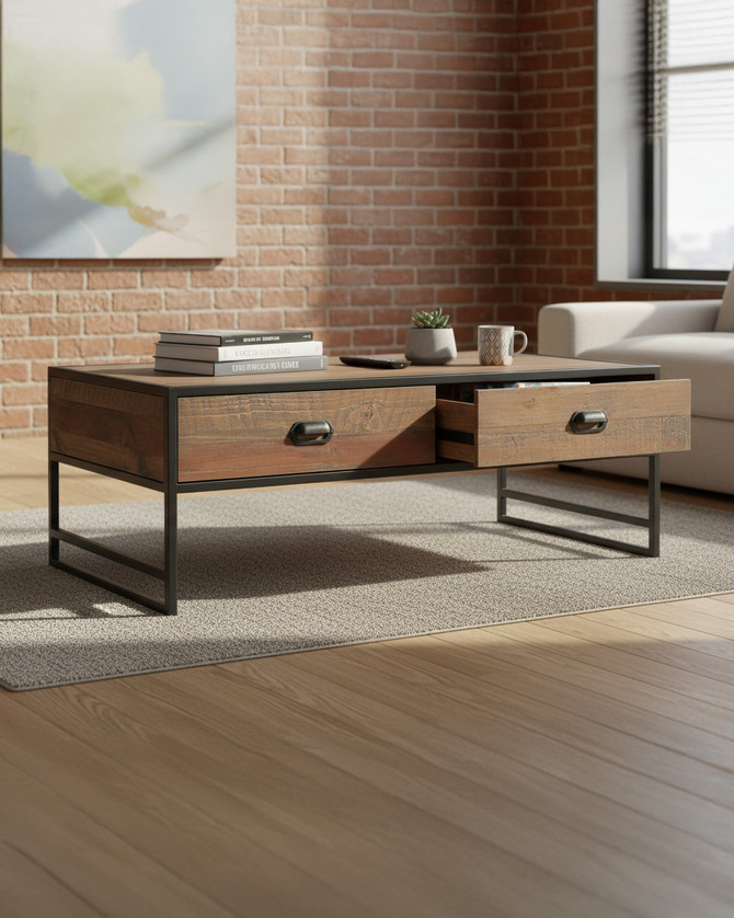 Hyloft Reclaimed Coffee Table With Four Drawers WFS-BH-HYL08C, modern coffee table with a wooden top, two drawers with black handles, and a black metal frame, minimalist design.