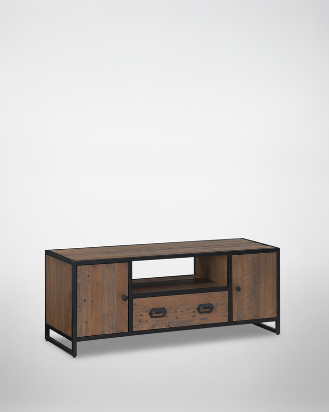 Hyloft Reclaimed Large Widescreen Television Cabinet WFS-BH-HYL09B, stylish wooden TV stand with black metal frame, featuring two side cabinets, one open shelf in the center, and drawers at the bottom.
