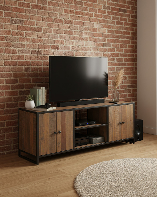 Hyloft Reclaimed Extra Large Widescreen Television Cabinet WFS-BH-HYL09C, wooden TV stand with black metal frame, two cabinet doors, and open shelves for electronics.