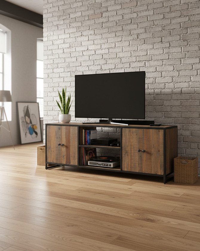Hyloft Reclaimed Extra Large Widescreen Television Cabinet WFS-BH-HYL09C, wooden TV stand with black metal frame, two cabinet doors, and open shelves for electronics.