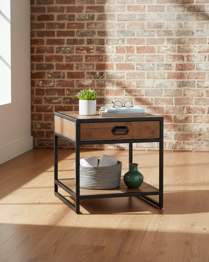 Hyloft Reclaimed Lamp / Side Table With Drawer WFS-BH-HYL10A, wooden side table with a drawer and lower shelf, featuring a black metal frame and handle, modern industrial design.