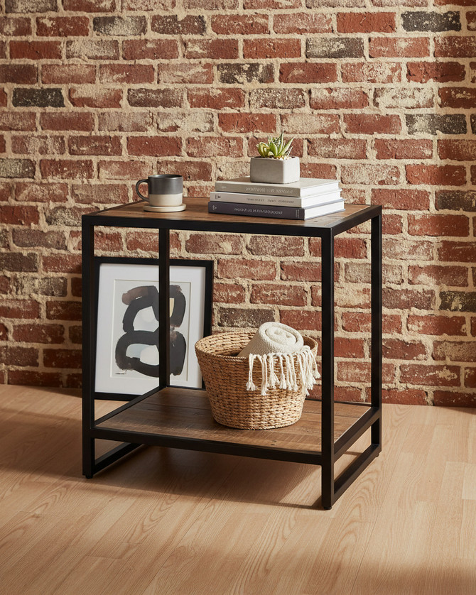 Hyloft Reclaimed Lamp / Side Table Open WFS-BH-HYL10B, modern side table with a metal frame and wooden top and bottom surfaces.