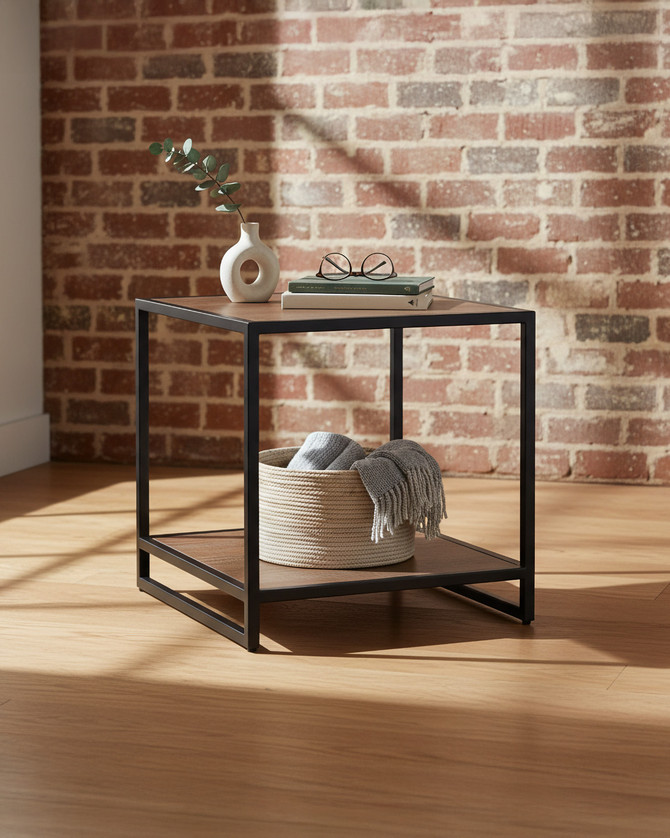 Hyloft Reclaimed Lamp / Side Table Open WFS-BH-HYL10B, modern side table with a metal frame and wooden top and bottom surfaces.