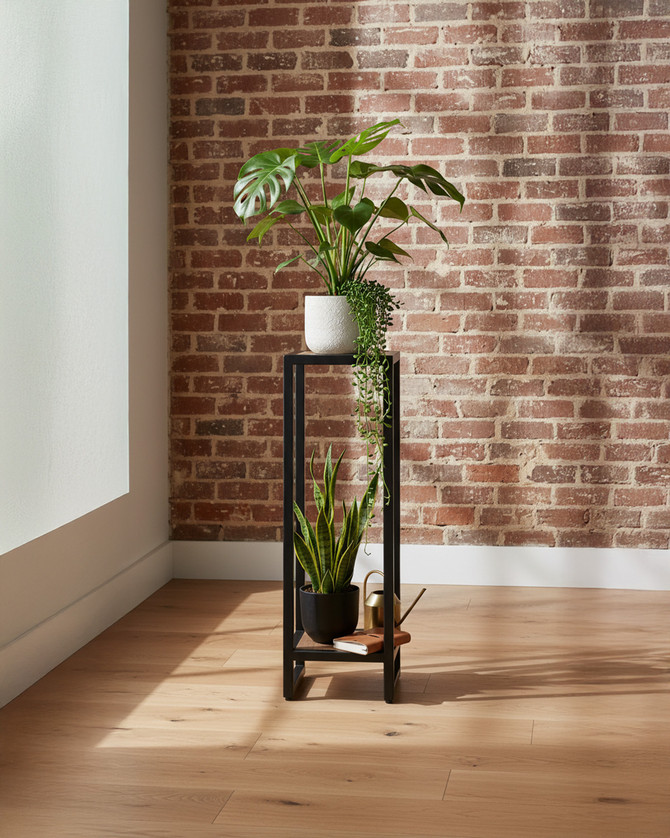 Hyloft Reclaimed Lamp / Plant Stand WFS-BH-HYL10C, tall black metal frame with wooden top and bottom shelves for plants or decorative items.