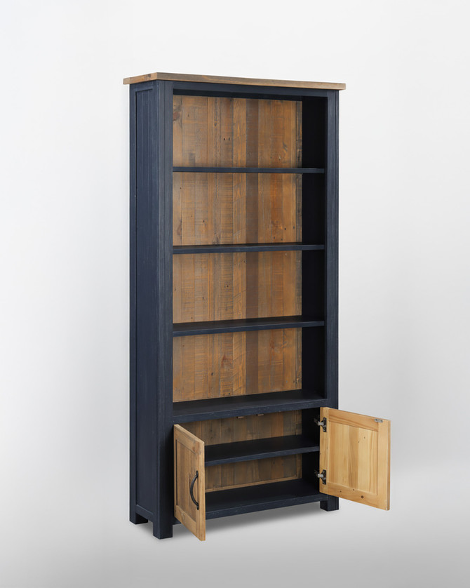 Saltmarsh Blue Large Open Bookcase with Doors WFS-BH-SAL01B, wooden bookcase with a dark blue finish and natural wood doors at the bottom, open shelves for storage.