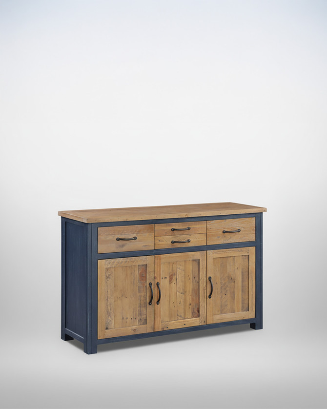 Saltmarsh Blue Sideboard 3 Door / 4 Drawer WFS-BH-SAL02D, wooden sideboard with a blue frame and natural wood drawers and doors, featuring black handles, placed against a plain white background.