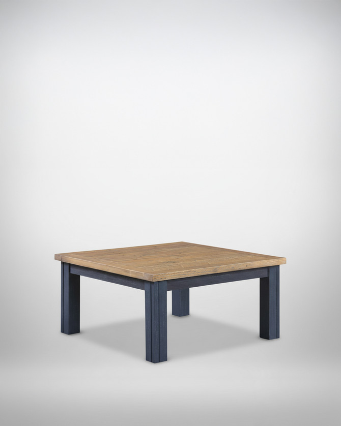 Saltmarsh Blue Low Square Coffee Table WFS-BH-SAL08B, a wooden coffee table with a natural wood top and blue painted legs, stylish and modern furniture piece.