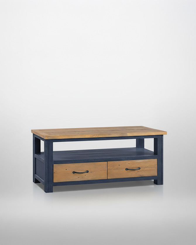 Saltmarsh Blue Widescreen Television cabinet WFS-BH-SAL09A, modern TV stand with a wooden top, navy blue frame, two drawers, and open shelf for media devices.