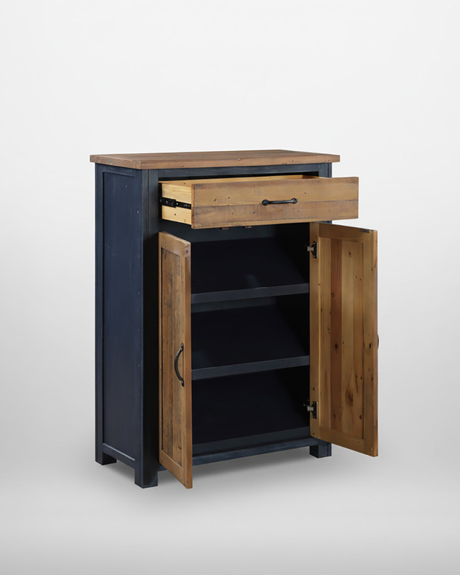 Saltmarsh Blue Shoe Storage Cupboard With Drawer WFS-BH-SAL20A, wooden shoe storage cabinet with blue body and natural wood door and drawer, featuring a drawer on top and two shelves inside.