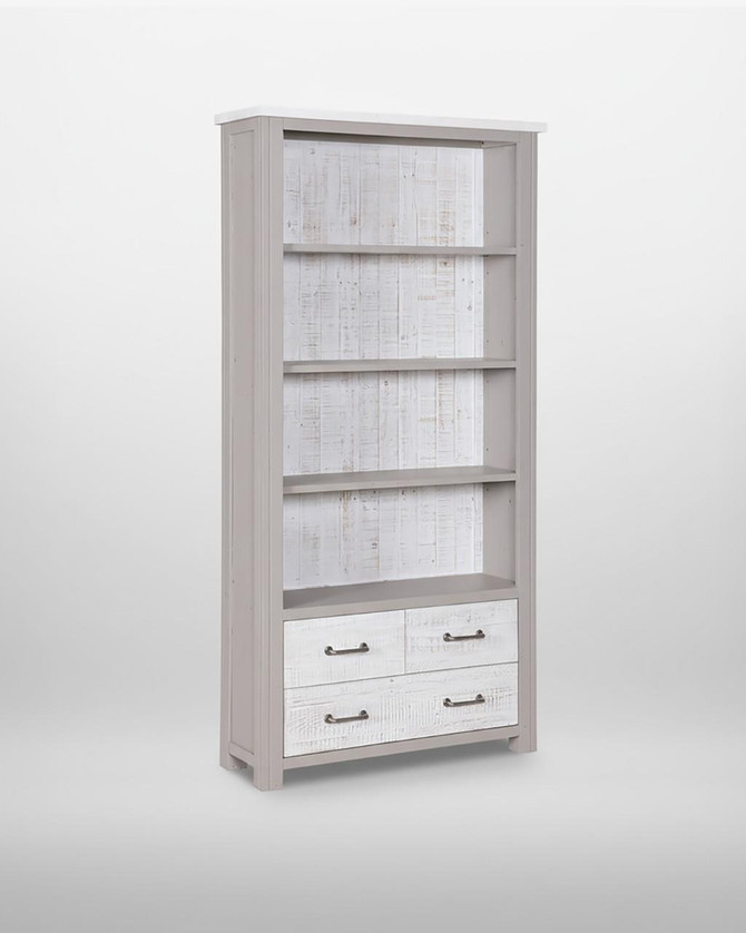 Greystone Large Open Bookcase with Drawers VTTG01A, white wooden bookcase with four shelves and two drawers at the bottom, stylish and functional for home or office storage.
