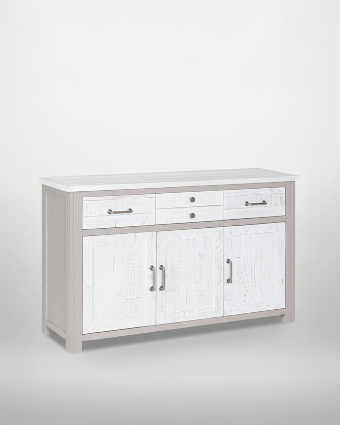 Greystone Sideboard 3 Door / 4 Drawer VTTG02D, a stylish white and grey storage sideboard with 3 doors, 4 drawers, and metal handles, suitable for living or dining room decor. Greystone Sideboard 3 Door / 4 Drawer VTTG02D, a stylish white and grey storage sideboard with 3 doors, 4 drawers, and metal handles, suitable for living or dining room decor.