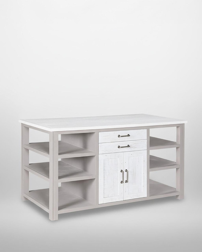 Greystone Kitchen Island VTTG02E, white wooden kitchen island with open shelving, drawers, and cabinet storage.